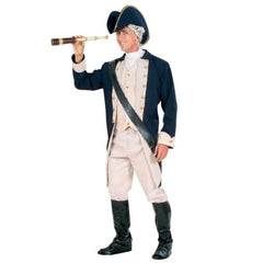 Master of the Seas admiral costume with jacket, vest, pants, jabot, boot covers, sash, and hat