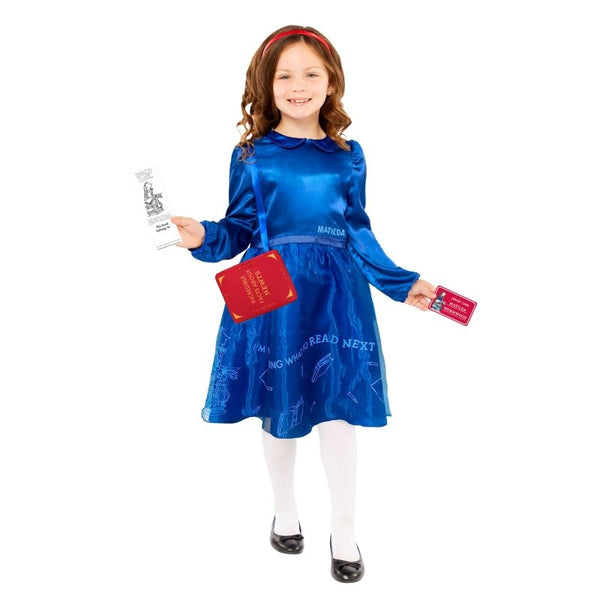 Roald Dahl Matilda Kids Classic Costume, royal blue dress with matilda logo and print of books on skirt.