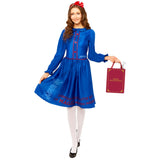 Matilda womens costume, knee length blue dress with red trim and logos.