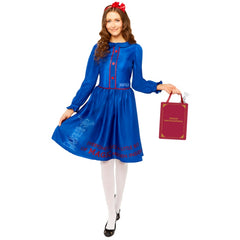 Matilda womens costume with blue dress, headband, bookbag and bookmark