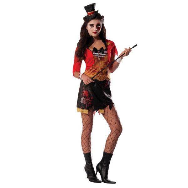 Mauled Ringmistress costume with blood-splattered jacket, jagged skirt, and mini hat – circus horror