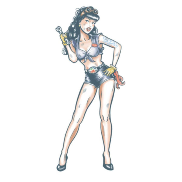 Tinsley FX Temp Tattoo - Mechanic Pin Up, lady in short shorts and midriff top.