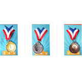 Set of gold, silver and bronze medals with ribbons