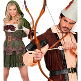 Two people in Robin Hood-themed costumes with archery equipment on a white background.