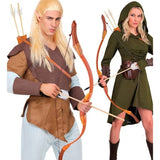 Two people in archer costumes with bows and arrows on a white background