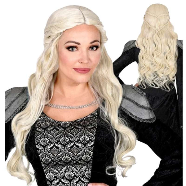 Long blonde medieval wig with centre part and braided detail
