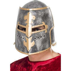 Medieval Crusader Helmet made from grey and gold hard plastic, featuring a movable face shield for added realism and historic detail.