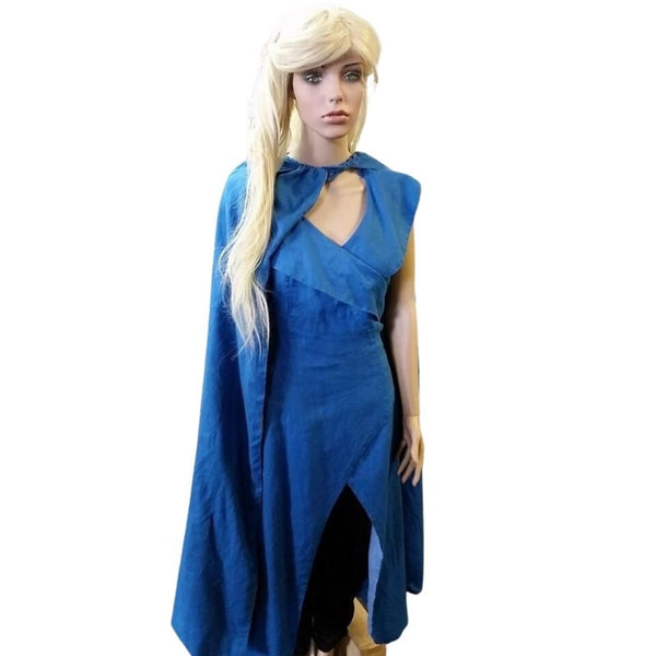 Medieval Dragon Queen costume hire with blue wrap tunic, cape and brown pants