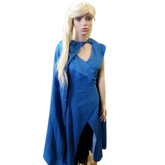 Medieval Dragon Queen costume hire with blue wrap tunic, cape and brown pants