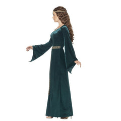 Green medieval maid costume with velvet gown and gold braid headband