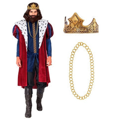 Adult wearing a burgundy medieval king costume with crown and royal necklace for Book Week and historical themed events