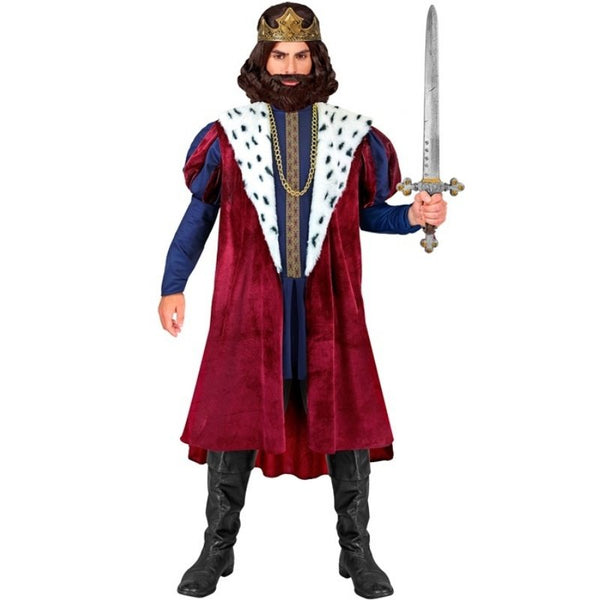 Medieval king costume with burgundy coat and white collar