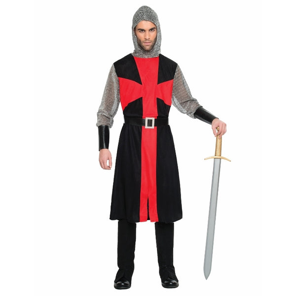 Adult medieval knight costume in black and red with hooded tunic and cross chest detail