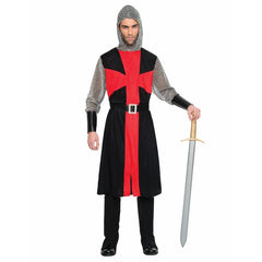 Adult wearing a black and red medieval knight costume with printed chainmail effect for Book Week and medieval themed events