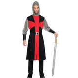 Black medieval knight costume with red cross and chainmail-look hood