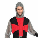 Close-up of hood and cross chest detail on black and red medieval knight costume