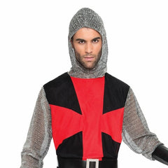 Adult medieval knight costume in black and red with hooded tunic and cross chest detail