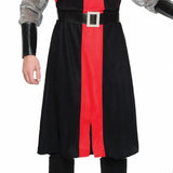 Close-up of tunic skirt detail on black and red medieval knight costume