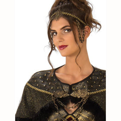 Medieval Lady Costume - Adult, red velvet long dress, capelet with textured details, glovelets and headpiece.