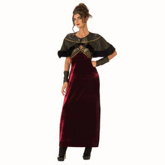 Medieval Lady Costume - Adult, red velvet long dress, capelet with textured details, glovelets and headpiece.