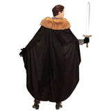 Back of medieval fantasy prince outfit adult showing cape with fur trim