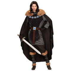 Medieval Prince costume with grey and black tunic, fur trim cape and leg warmers