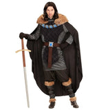Medieval Prince costume with grey and black tunic, fur trim cape and leg warmers