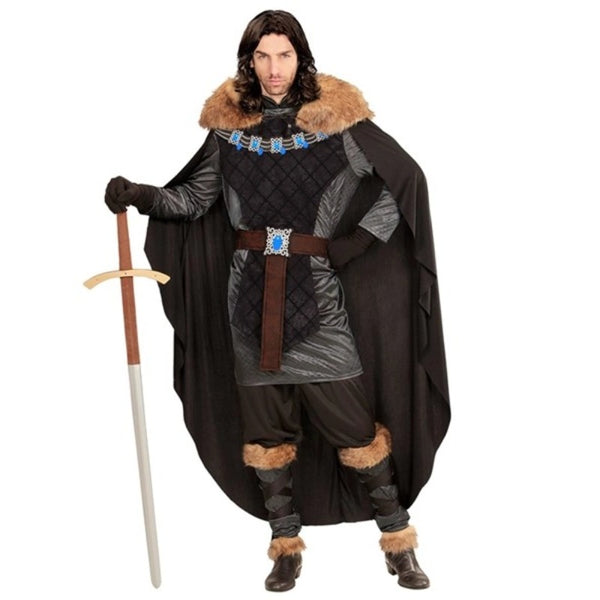 Medieval Prince costume with grey and black tunic, fur trim cape and leg warmers