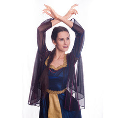 Medieval Princess - Hire, long gown in blue/red and gold trim, flowing sleeves, laces at the back.