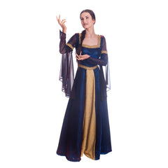 Medieval princess hire costume long blue and red gown with gold trim