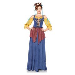 Medieval tavern maid costume hire with blue, yellow and red corset style dress and headdress