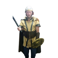 Medieval Viking - Hire, quality hire includes cape with fur trim, tunic, leather belt and vembraces, trousers and metal helmet.
