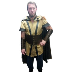 Medieval Viking – Hire full costume front view with fur-trimmed cape, helmet and shield Brisbane hire