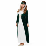 Woman wearing a Medieval Village Maiden Costume with green velvet-look dress, white front panel and gold trim
