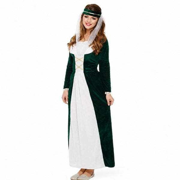 Woman wearing a Medieval Village Maiden Costume with green velvet-look dress, white front panel and gold trim