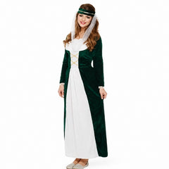 Woman wearing a Medieval Village Maiden Costume with green velvet-look dress, white front panel and gold trim