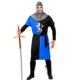 Medieval warrior costume black blue front view with lion chest print