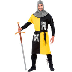 Medieval warrior costume black yellow with castle chest print
