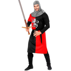 Adult wearing a red and black medieval warrior costume with lion crest for Book Week and historical themed events