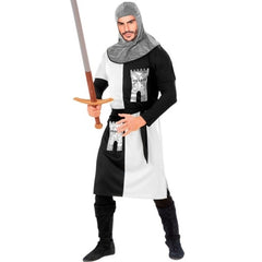Adult wearing a white and black medieval warrior costume with castle crest for Book Week and historical themed events