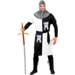 Medieval warrior costume white black front view with castle chest print