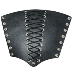 black lace up wrist bracers. side by side of bracers worn. Left shows top view with eyelet decorative lace up and silver rivet detail. right shows inside of wrist with more eyelets and practical lace up for adjustable fit. 