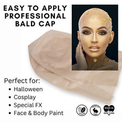 Mehron professional-grade bald cap made from nude latex, designed to be trimmed to fit for a realistic bald effect. Ideal for theatrical performances, cosplay, or special effects makeup.