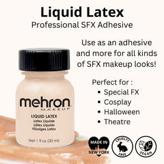 Mehron Liquid Latex Light Flesh 133ml bottle – used for special effects makeup, prosthetic adhesion, and 3D wound textures