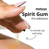 Mehron Spirit Gum pro adhesive being applied to skin with text on a white background