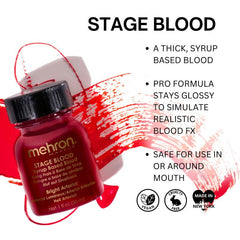 Mehron bright red stage blood 30ml with built-in brush for special effects makeup