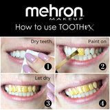 Instructions on how to use TOOTHEFX makeup by mehron, showing steps for applying and drying teeth makeup.