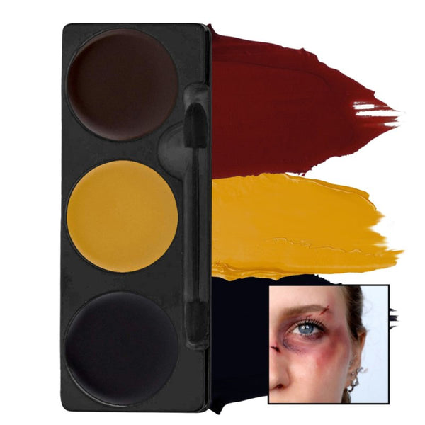 Makeup palette with red, yellow, and black shades and a swatch on a white background.