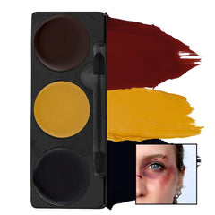 Makeup palette with red, yellow, and black shades and a swatch on a white background.