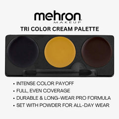 Makeup palette with red, yellow, and black shades and a swatch on a white background.